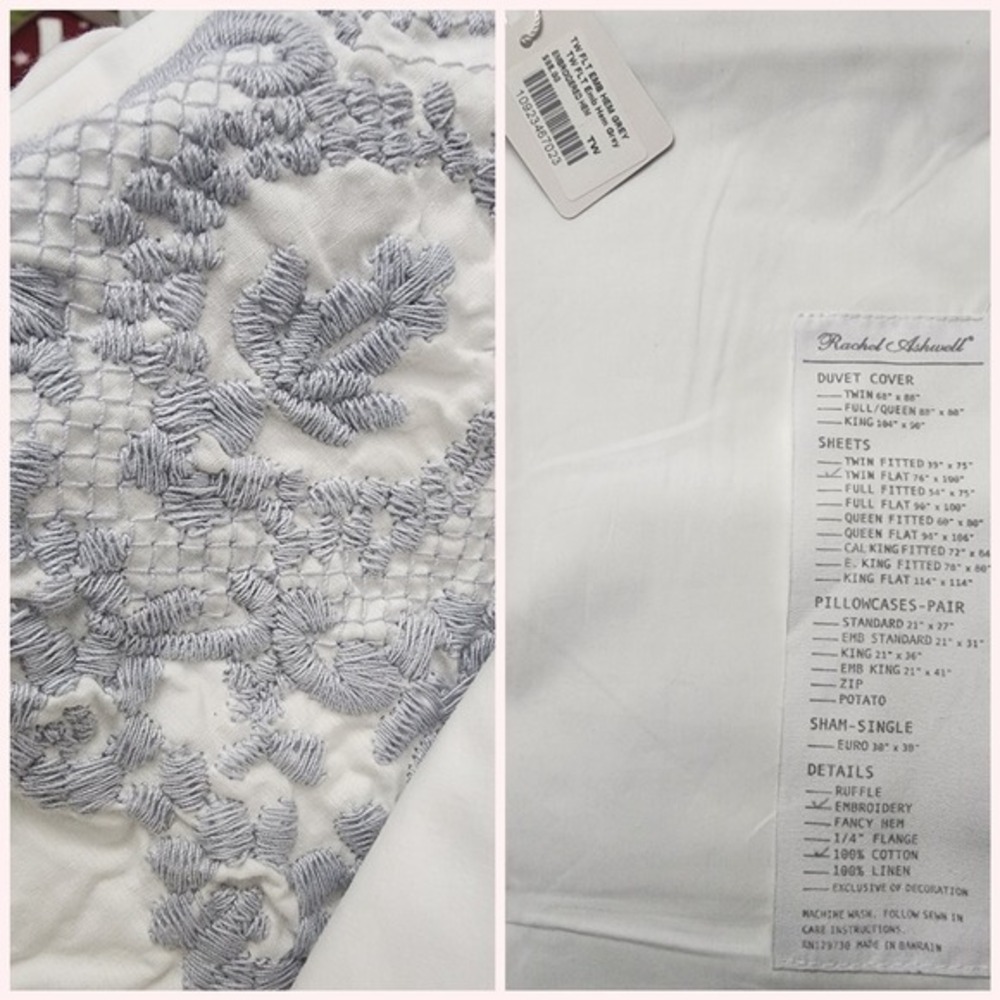 NEW Rachel Ashwell GREY Embroidered TWIN Flat Sheet 100% Cotton